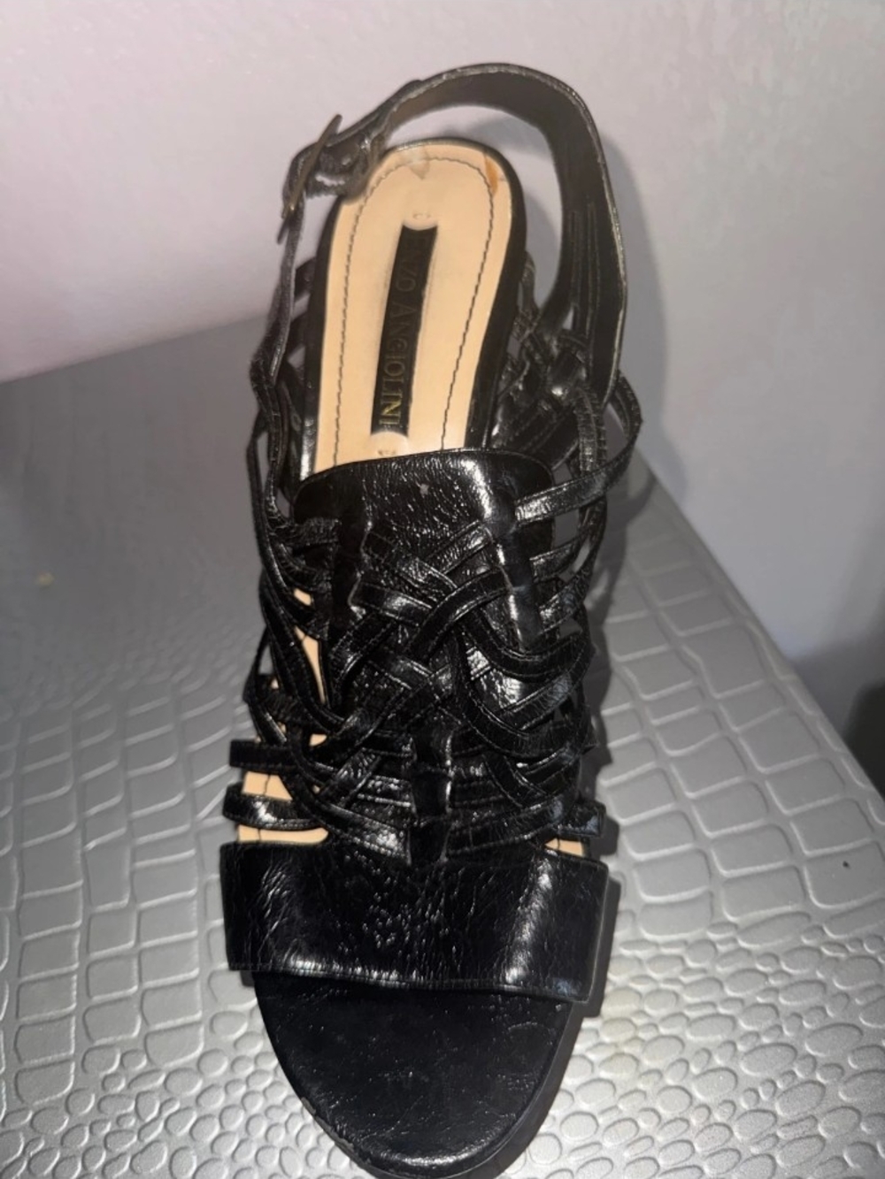 Enzo Angiolini Black Strappy Cork Wedge Sandals - Picture 2 of 5